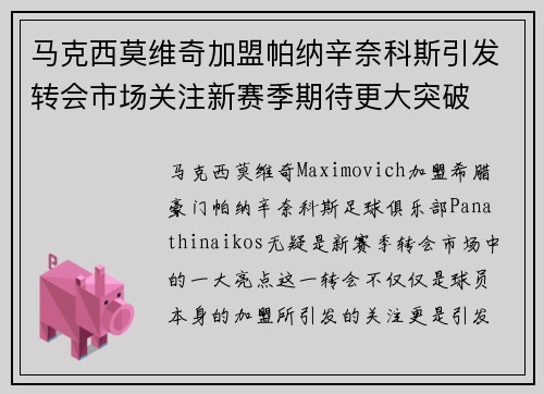 马克西莫维奇加盟帕纳辛奈科斯引发转会市场关注新赛季期待更大突破 马克西莫维奇加盟帕纳辛奈科斯引发转会市场关注新赛季期待更大突破